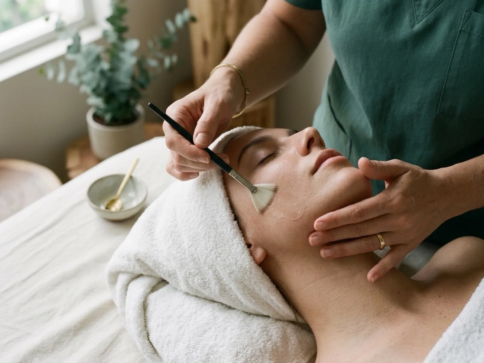 Profissional de estética aplicando um sérum com pincel no rosto de uma cliente deitada.